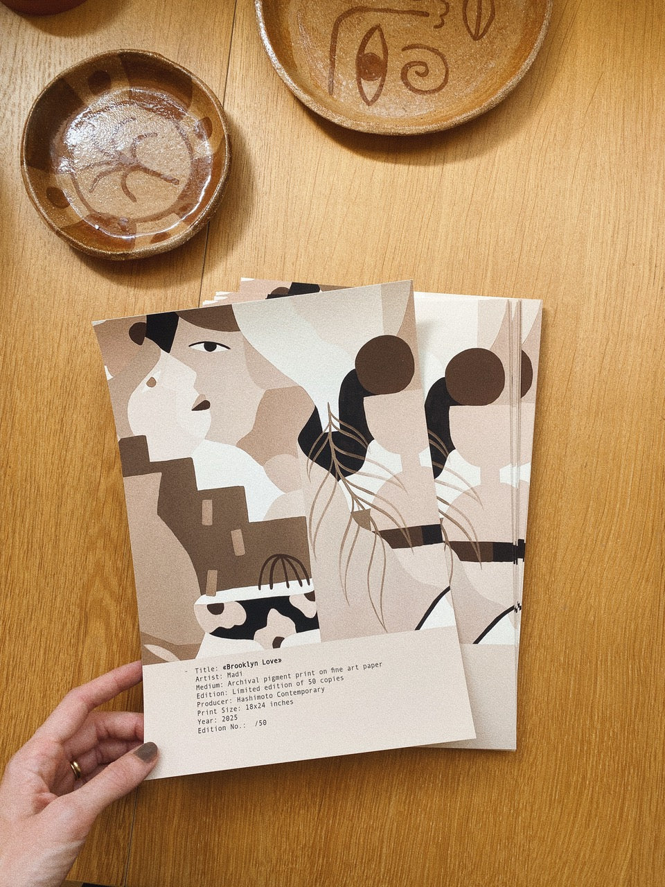 Madi print certificate of authenticity of abstracted and cubist figures and vessels on wooden tabletop