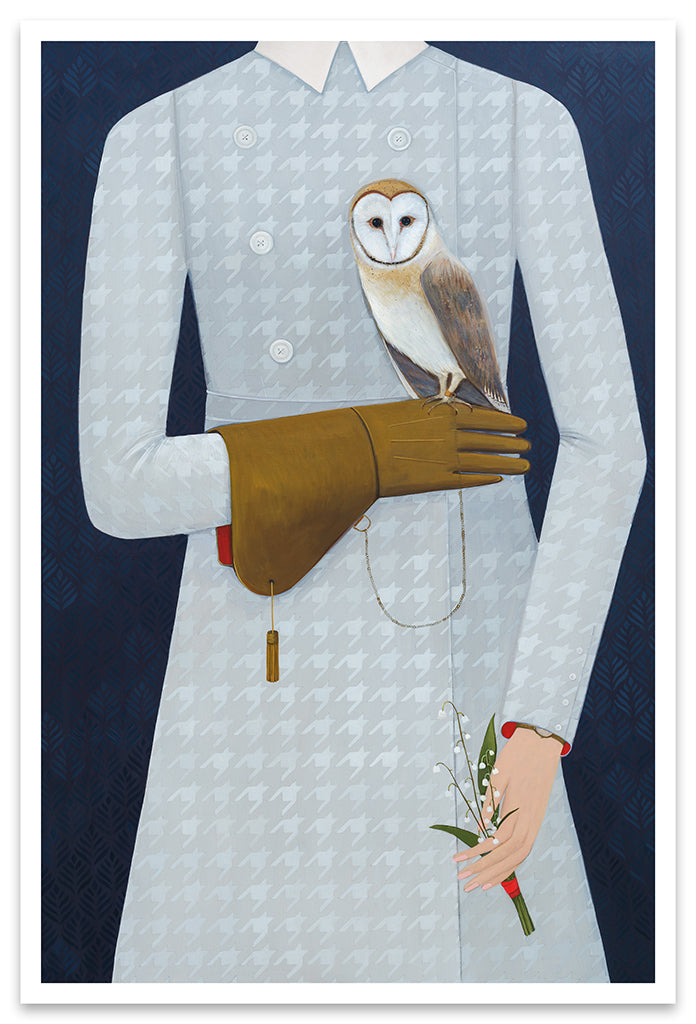 print of a woman's torso in a blue dress holding a owl in her brown gloved hand by Angela Burson