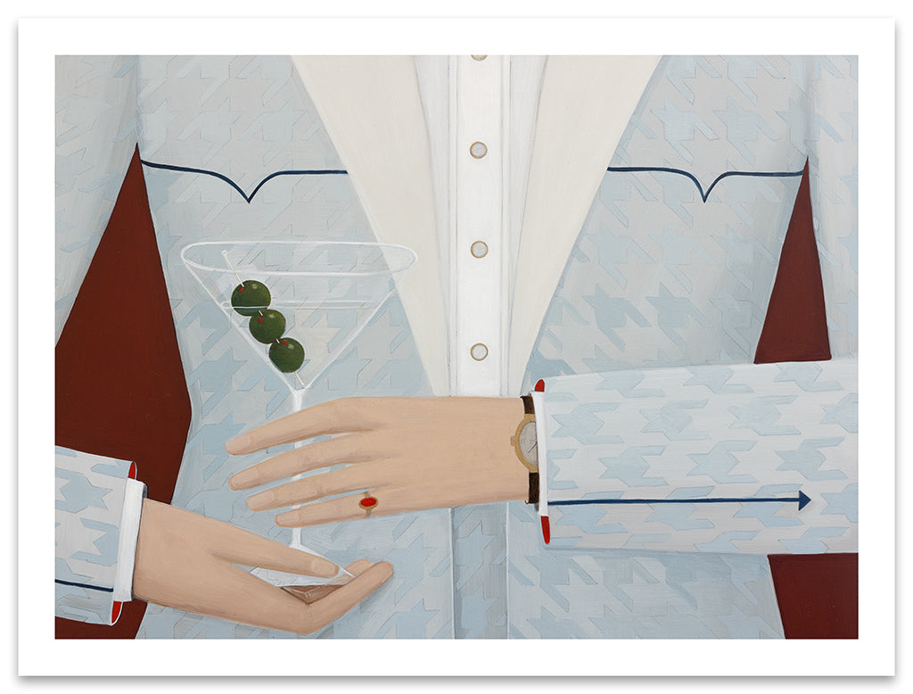 Illustration of a person holding a martini glass with olives, wearing a white shirt and red tie.