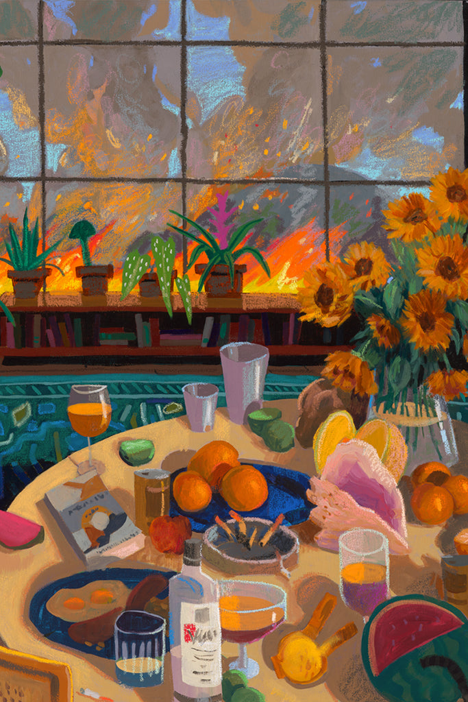 Room interior with plants, a table with drinks and fruit, and a large window with a sunset and fire view.