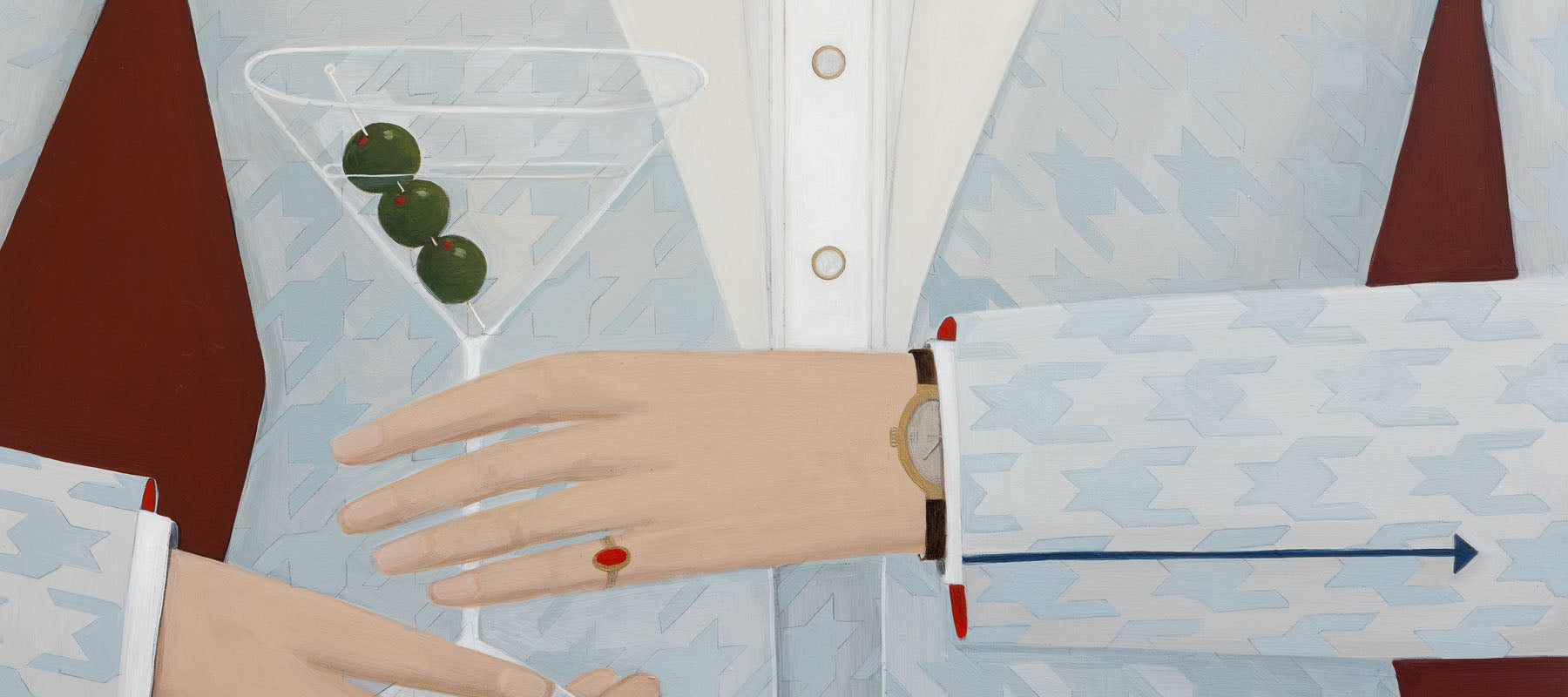 Angela Burson print of close-up of a hand with a watch, a martini glass, and a patterned shirt sleeve.
