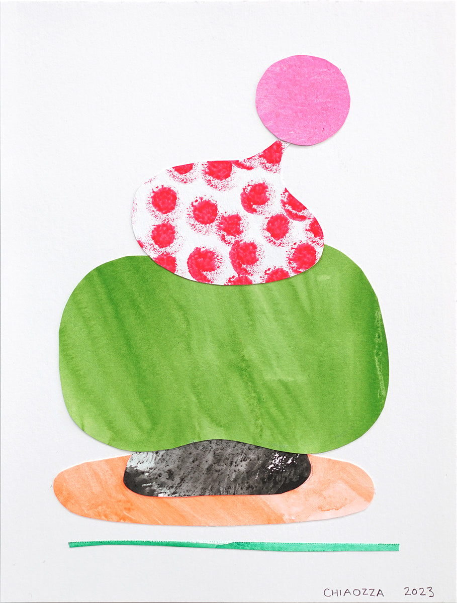 CHIAOZZA - paper collage of stacking abstract forms in pink, white with red spots, green, black, and orange on top of a green strip.