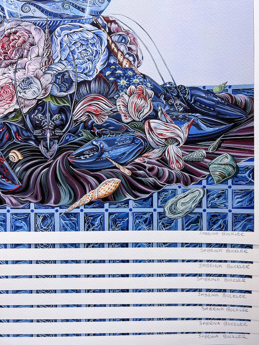 Corner of stack of Sabrina Bockler print of feast on table piled up - lobsters, florals, melons, etc