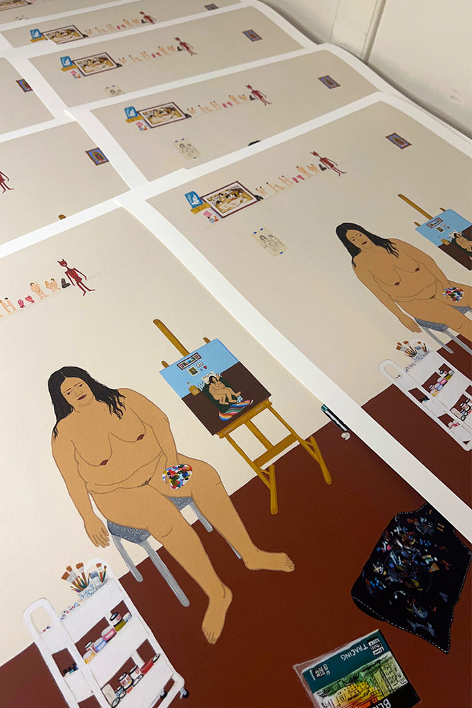 stacked prints of a large nude woman in a beige room, seated in front of an easel with a painting in progress. The room is relatively bare besides a shelf with many erotic objects and tchotchkes, and miscellaneous art supplies by Gina M. Contreras