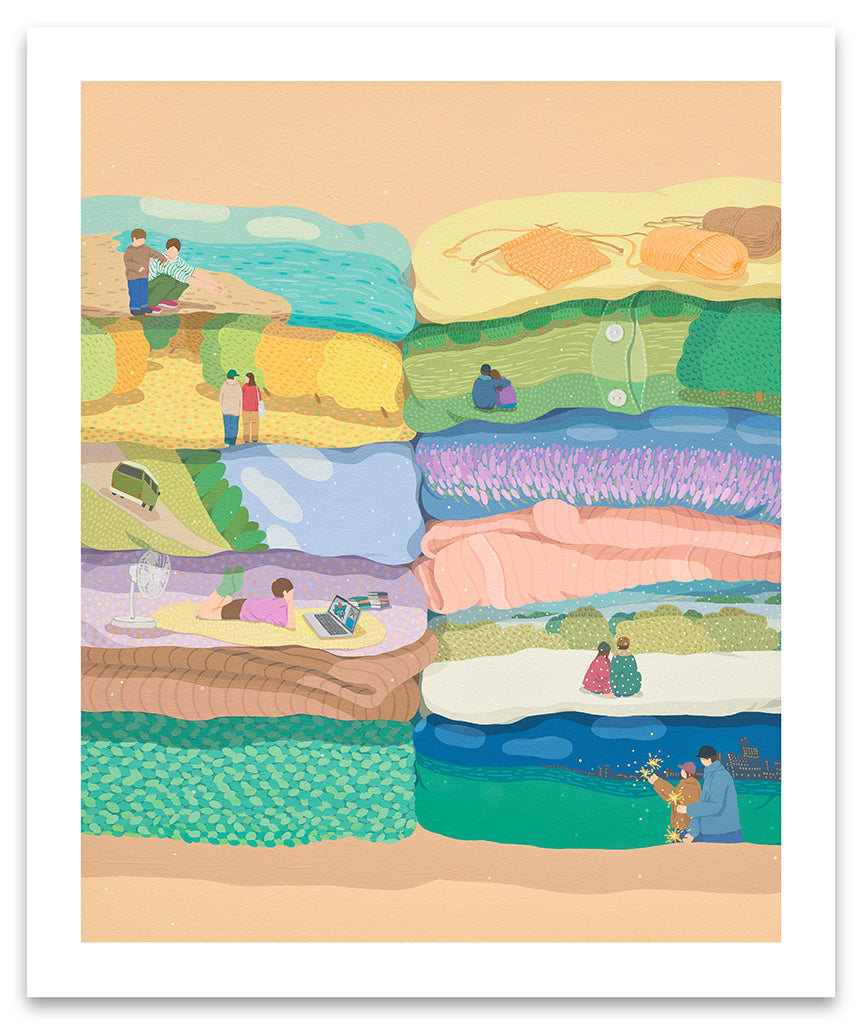 Danym Kwon print of laundry stacks with scenes of people and nature