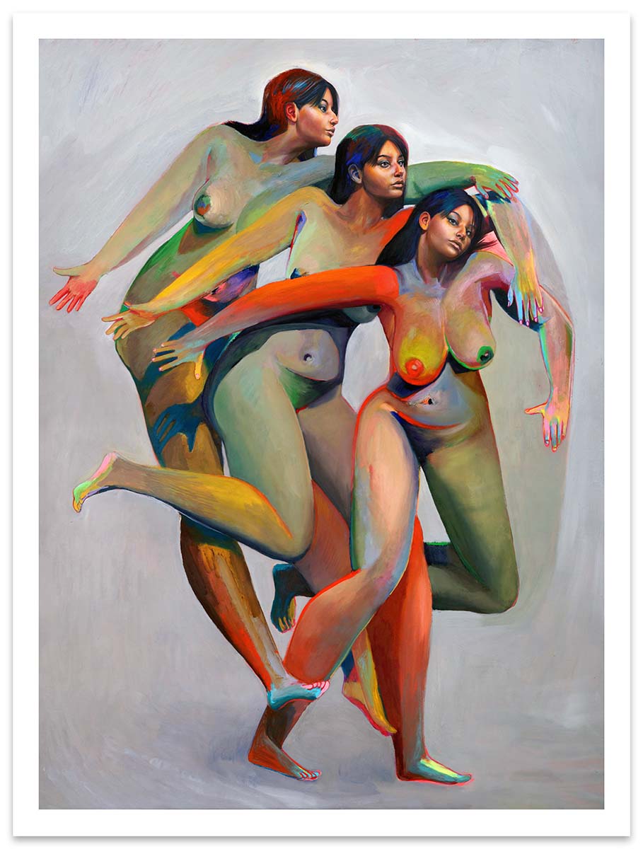 Erik Jones print of three nude figures with the same face and colorful bodies  
