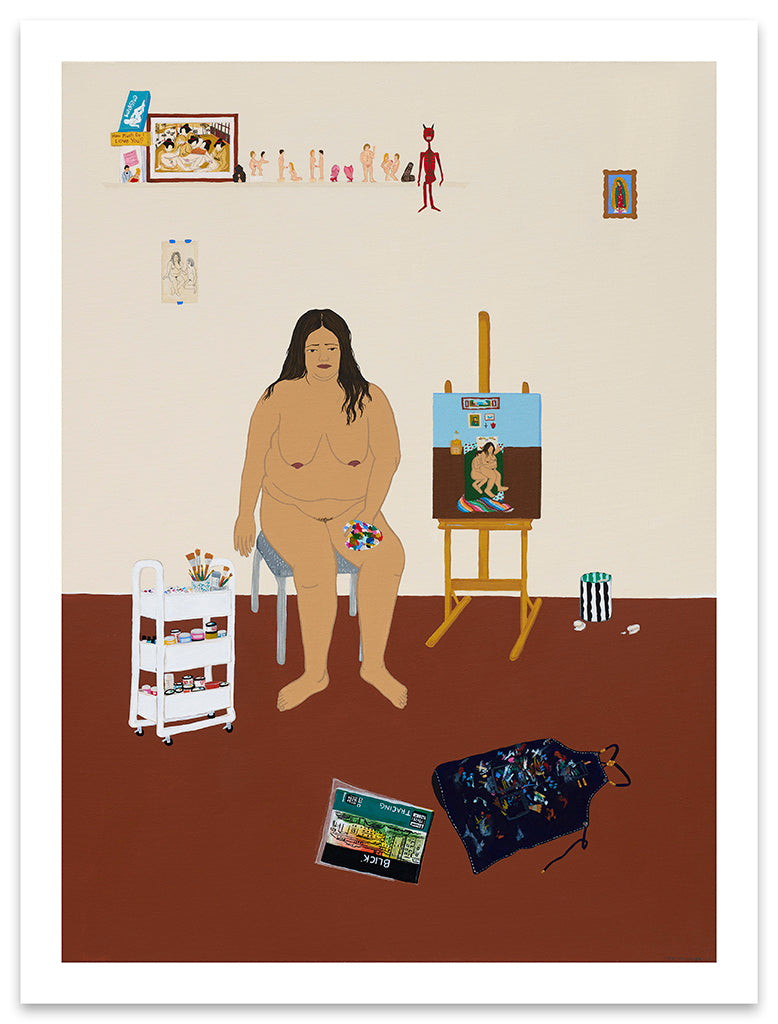 painting of a large nude woman in a beige room, seated in front of an easel with a painting in progress. The room is relatively bare besides a shelf with many erotic objects and tchotchkes, and miscellaneous art supplies by Gina M. Contreras