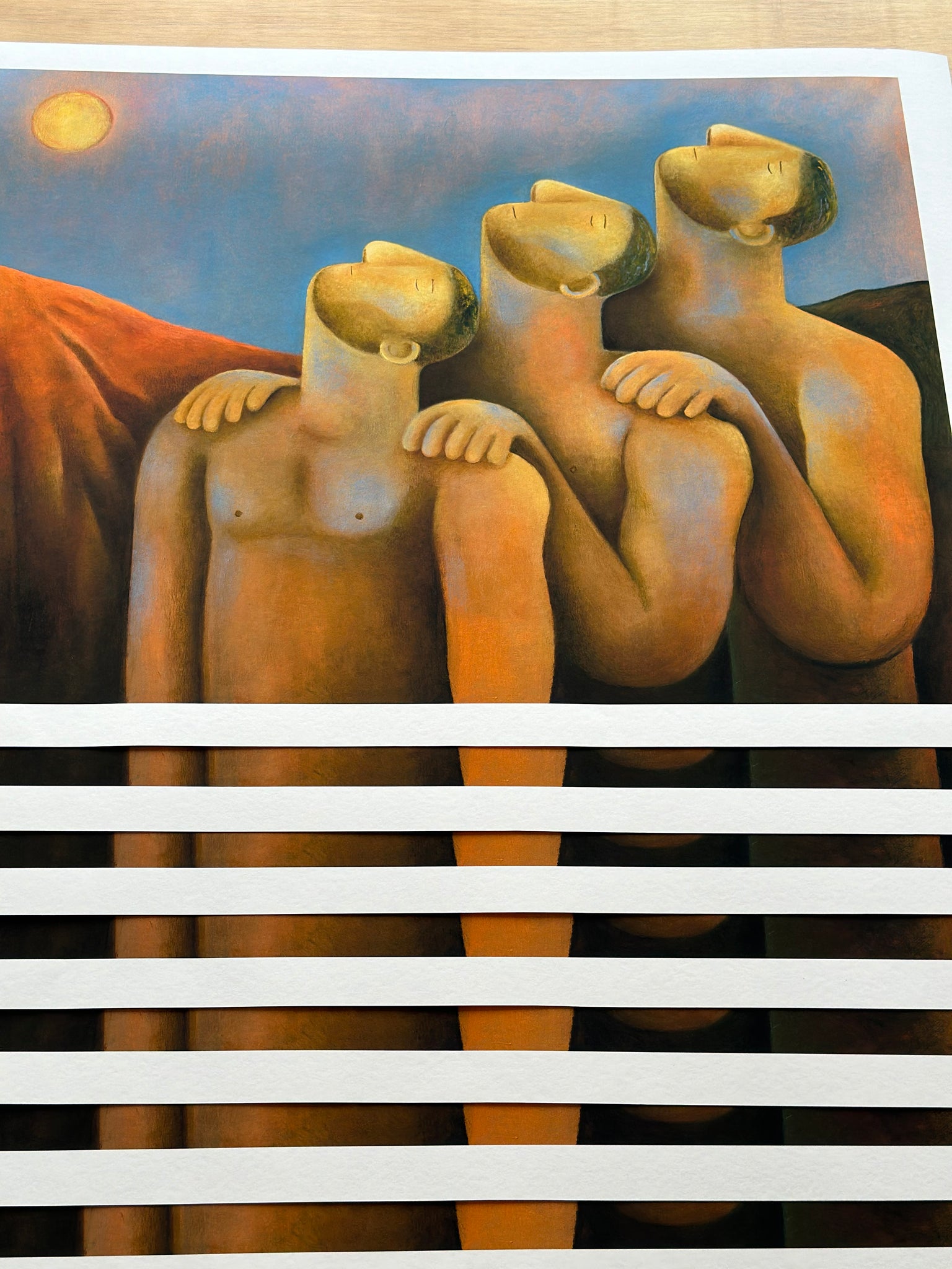 Carlos Rodriguez print of three men in nudity and have their head tilted upwards. They stood in line with their hands on another's shoulder in front of the mountain and sun on the left