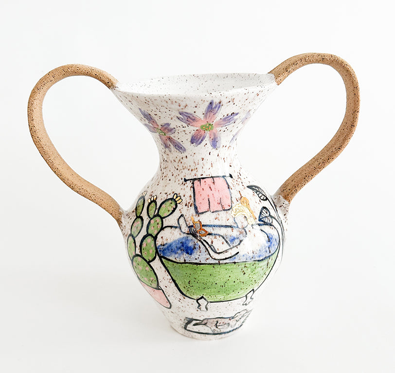 Photograph of a ceramic vase with multicolor glaze and drawings of a figure bathing by Jen Dwyer