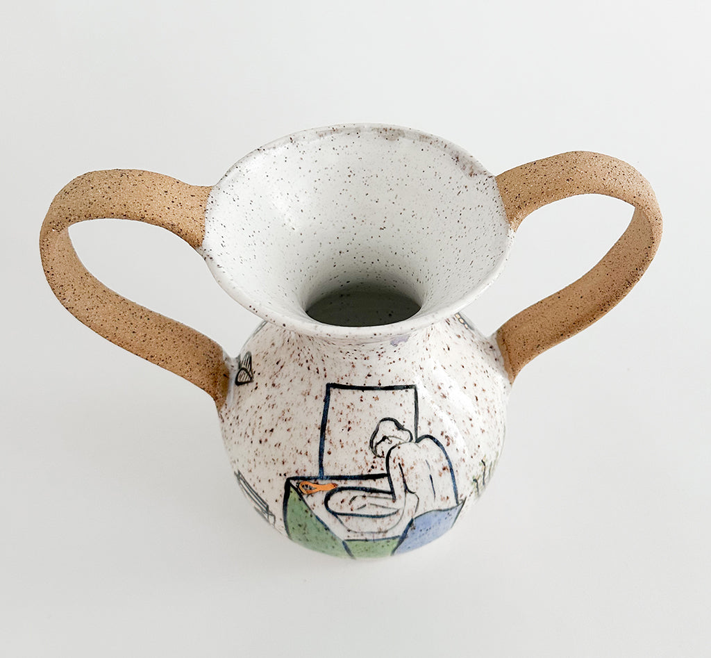 Photograph of a ceramic vase with multicolor glaze and drawings of a figure bathing by Jen Dwyer