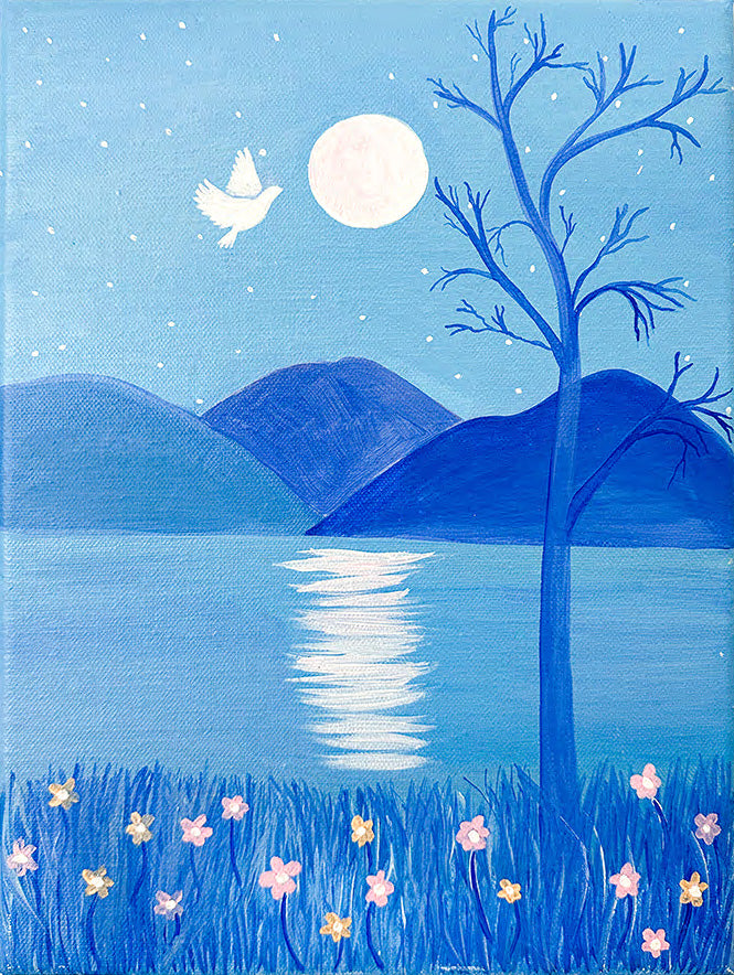 Photograph of a blue-toned oil painting of a landscape featuring a moon and a lake by Jen Dwyer