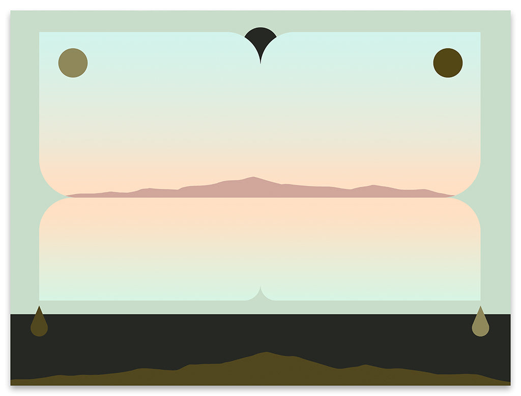 print by Madeleine Tonzi of a landscape in neutral greens, blues, and pinks with a black border at the bottom