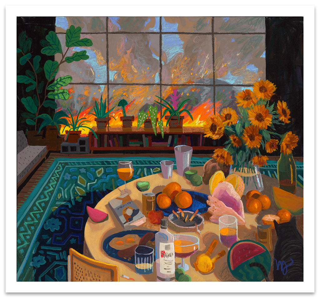 print of a dining room table, filled with various foods and objects in the foreground, while a large fire takes place outside a large wall of windows by Nicholas Bono Kennedy