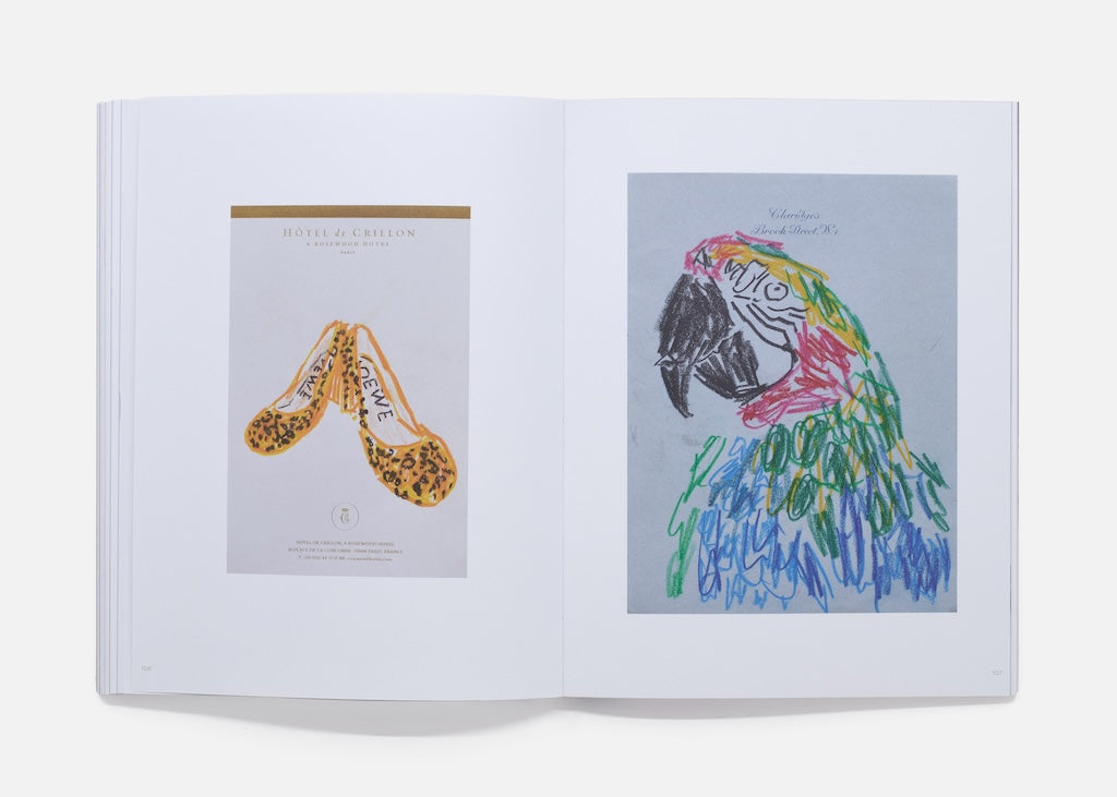 book spread - drawing of leopard shoes and parrot