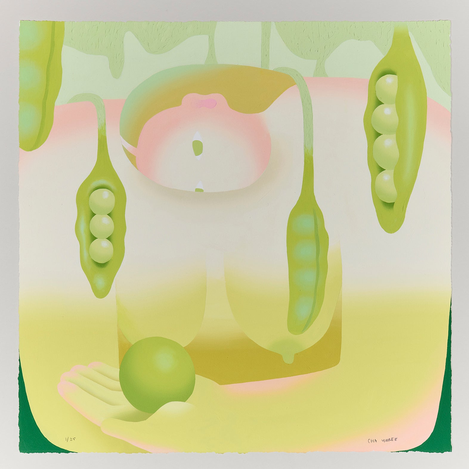 Cha Yuree - Green Giant, pink and green female figure cradles large pea, large pea pods dangle around her