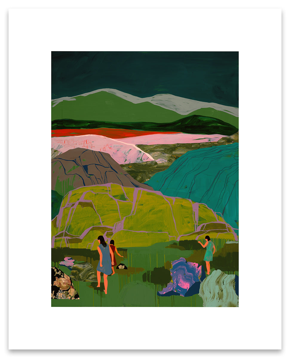 Seonna Hong print with thick white border. Image is of three women in dresses walking in semi-abstracted green landscape with colorful accents