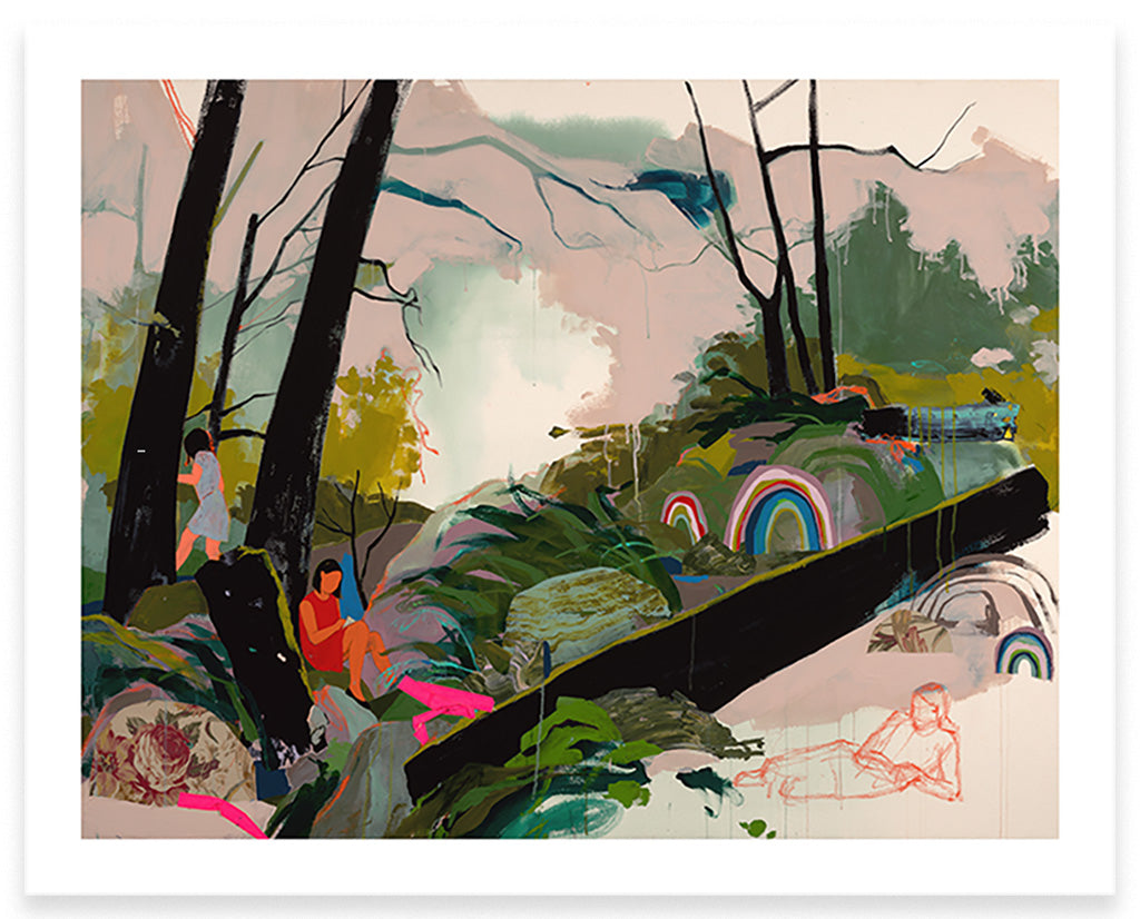 Print of Seonna Hong's painting "Rest as An Act of Defiance," a landscape with organic shapes and figures lounging within a forest. The print has a 1 inch white border.