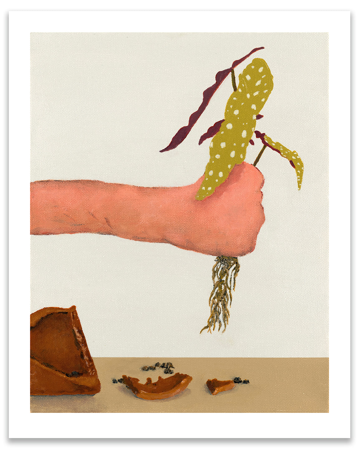 Print of Gabe Langholtz's painting "Uprooted," depicting a person's hand holding a Begonia plant and a broken terracotta pot below