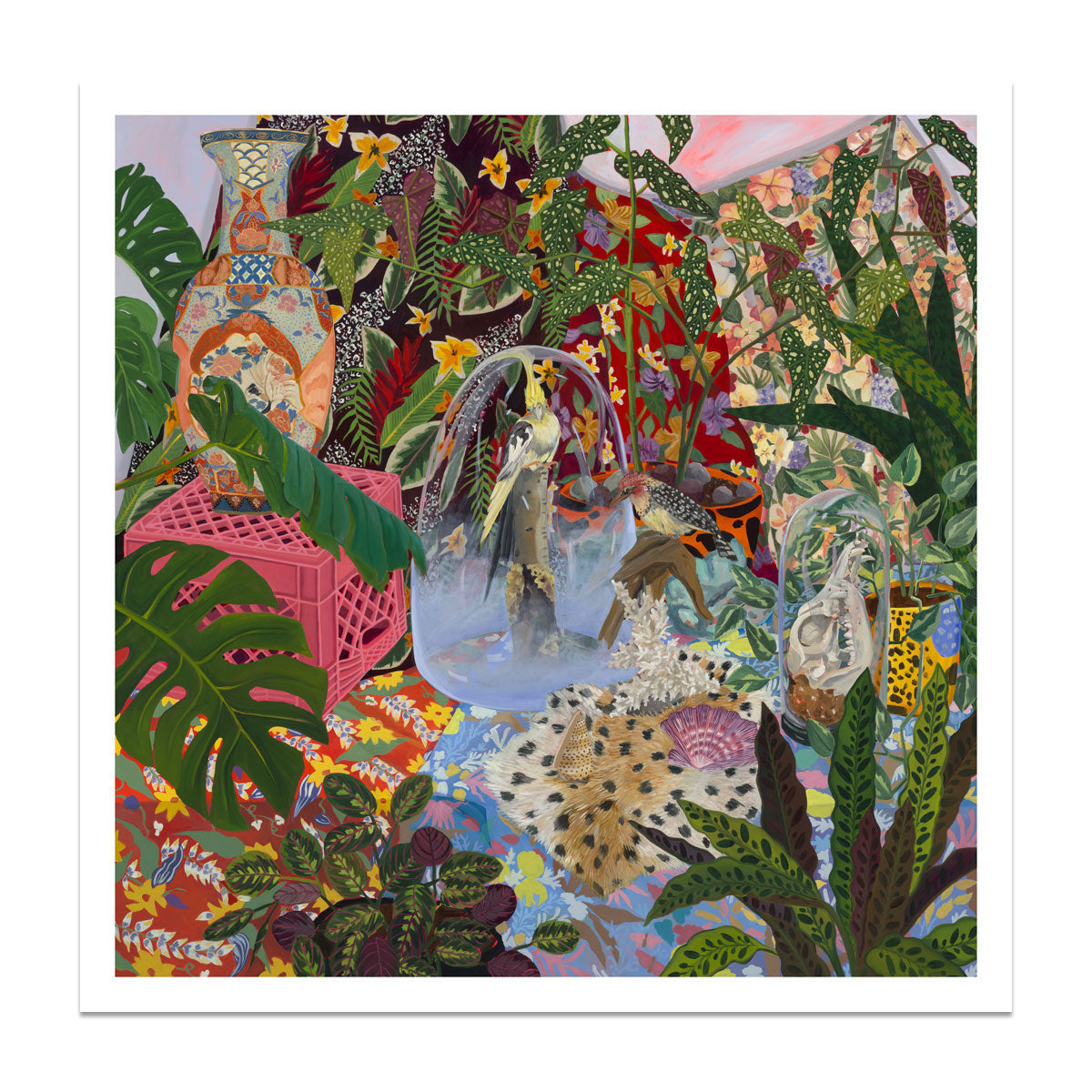 Print by Anna Valdez featuring a still life of birds and plants.