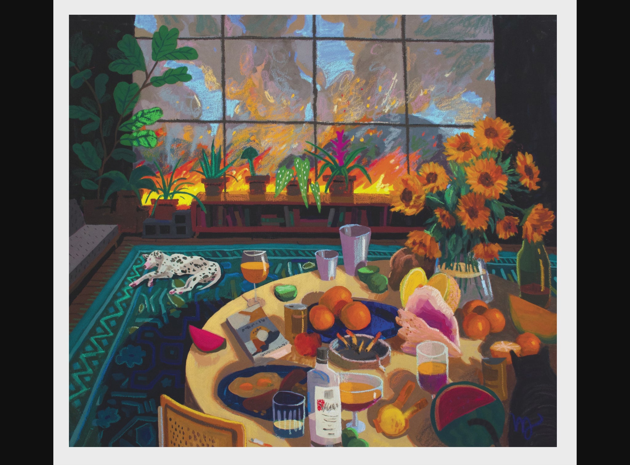 Room interior with plants, a table with drinks and fruit, and a large window with a sunset and fire view. Gif with changing dogs 