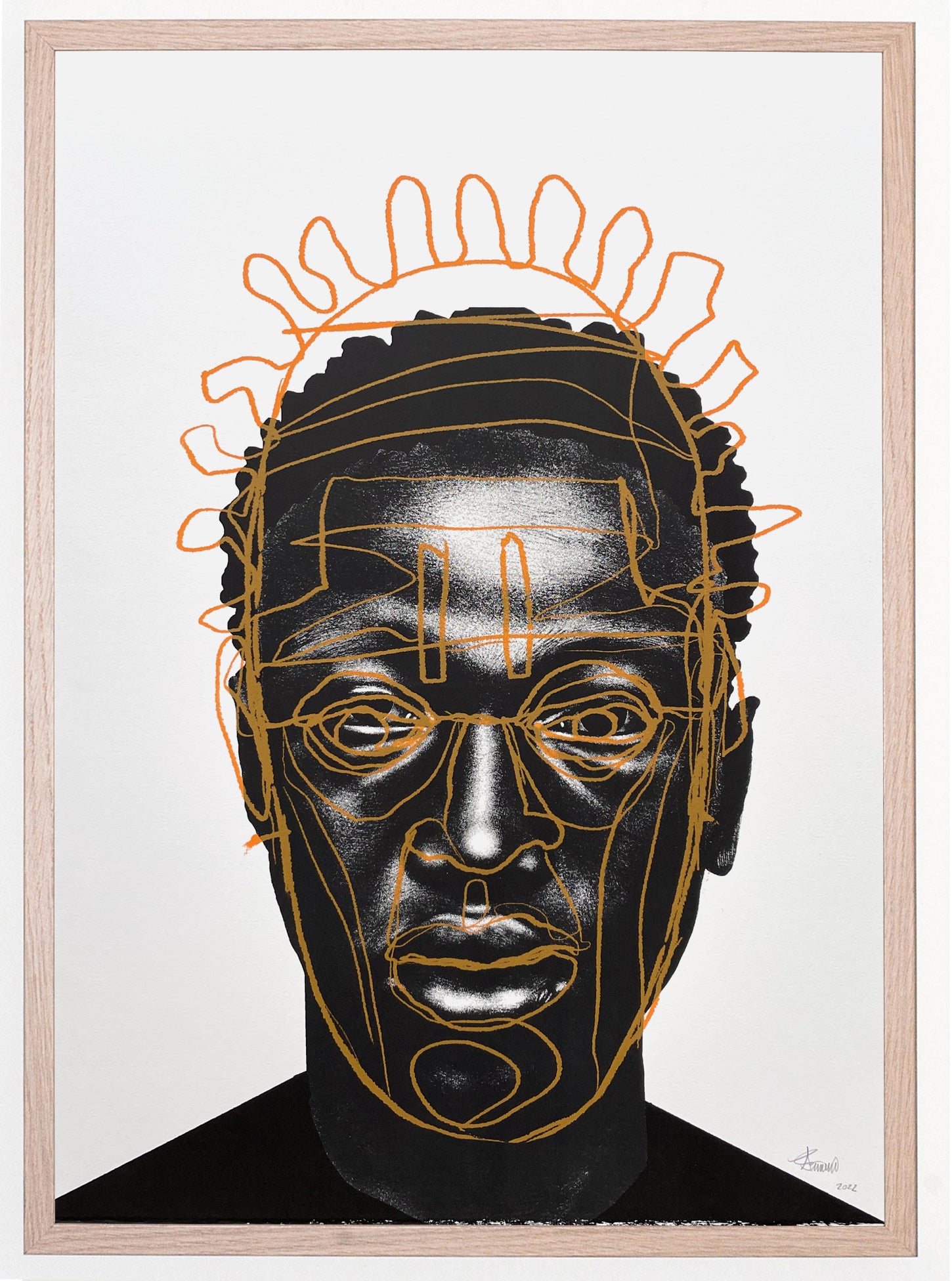Limited edition print by Seth Pimentel for The Jaunt of a portrait of a man in black and white with abstract orange line work over his face  