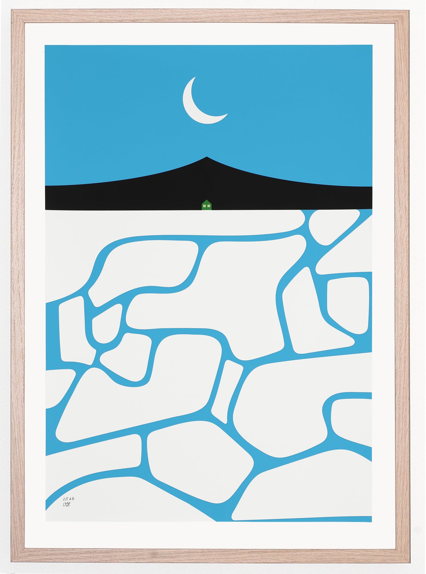 Limited edition print by Olimpia Zagnoli for The Jaunt of a desert landscape with a tiny green house in front of a black mountain with a crescent moon above in a light blue sky. 